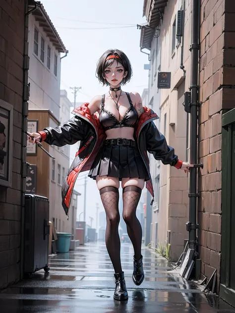 nikkecrow, bra, cleavage, off shoulder, jacket, open clothes, skirt, thighhighs, fishnets, choker, ear piercing, belt, hairband, tattoo, jewelry,((full body)),top-quality、​masterpiece、Hi-Res、女の子1人、Adult Woman, street fight monk,Smirk, masutepiece, quality ...