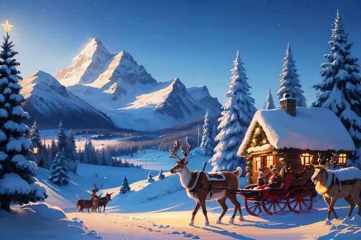 christmas scene with reindeers and a sleigh house in the snow, winter scene fantasy, masterpiece, highly detailed photograph, sharp