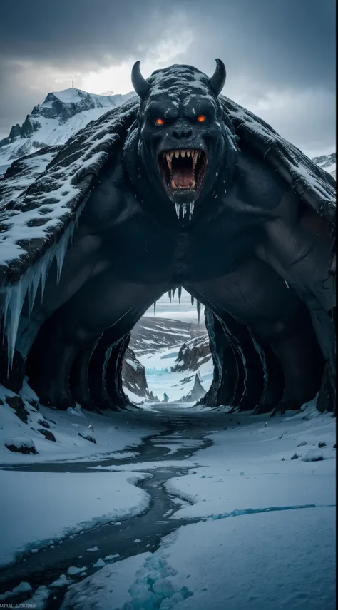 best quality,4k,8k,highres,masterpiece:1.2),ultra-detailed,realistic,Monstruo de la antartida,ice creature,scary,horror,massive,beast,giant,sinister,spiky skin,frozen environment,towering glacier,mysterious,icy breath,glistening ice crystals,menacing prese...