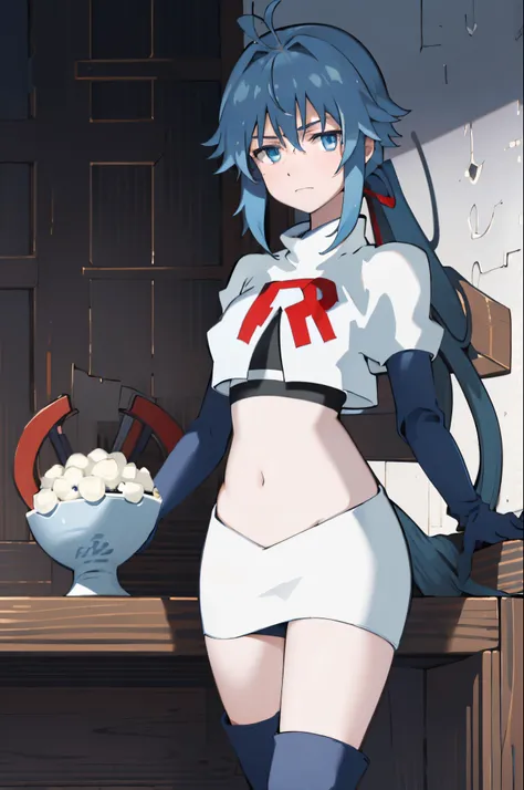 best quality, (masterpiece:1.2), detailed, medieval,
Re=L Rayford,
1girl, solo, closed mouth, 
short hair with long locks, blue hair, ponytail, blue eyes, red ribbon, sidelocks, ahoge,
team rocket,team rocket uniform,white skirt,crop top,red letter R,black...