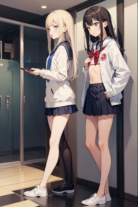 masutepiece,Best Quality,超A high resolution, 8K,Professional Lighting, Photon mapping, Teleportion, analogue,  handdraw,  Anime Face,  NSFW,  ３People Girls,  Looking away、(seminude:1.5),  School uniform:1.2,Locker Room:1.2, (flat chest:1.2)、panties on、bra ...