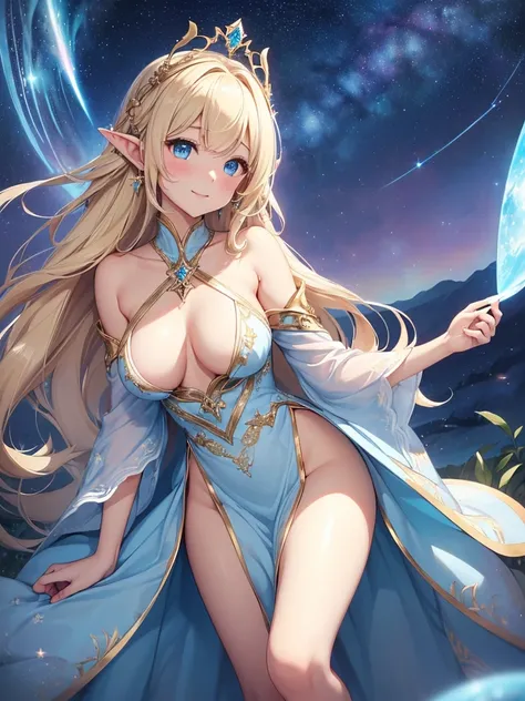 top-quality、Top image quality、​masterpiece、Full body naked girl((20yr old、Best Bust、big bast、Bust 90,Beautiful blue eyes、,Blonde long hair、A slender、a closeup、Esbian、Floating in the light、beautiful tiara、hiquality、Beautiful Art、Background with((starrysky))...