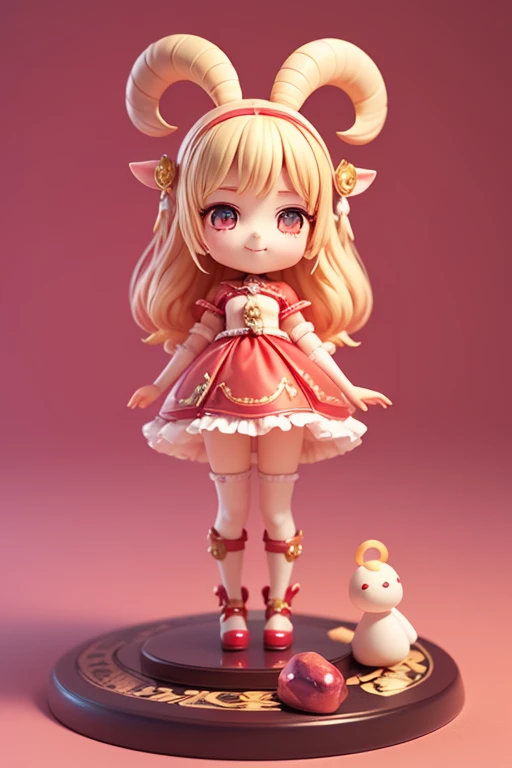 (Same character, front, side, back), (full body); 3d; cute; 3d toy art; toy art; anime style; glitter; horoscope sign Aries; color red; Ram details; ♈ symbol; garnet stone;