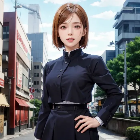 1girl, kugisaki in anime jujutsu kaisen, short hair , brown hair, eyes, beautiful eyes, beautiful, smile, black clothes, realistic clothes, detail clothes, city background, ultra detail, realistic