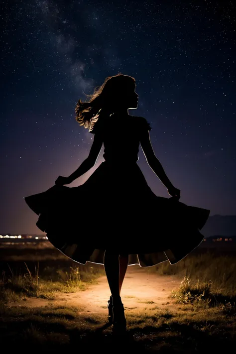 Highly detailed silhouette of a girl stood in the night full of stars