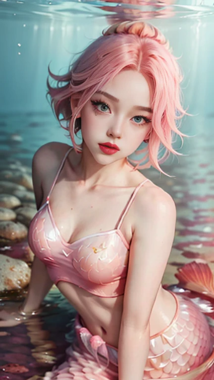 young woman, peach skin, short bubblegum pink hair, wide forehead, emerald green eyes, big red lips, mermaid clothing, Sakura Haruno, 3d, underwater