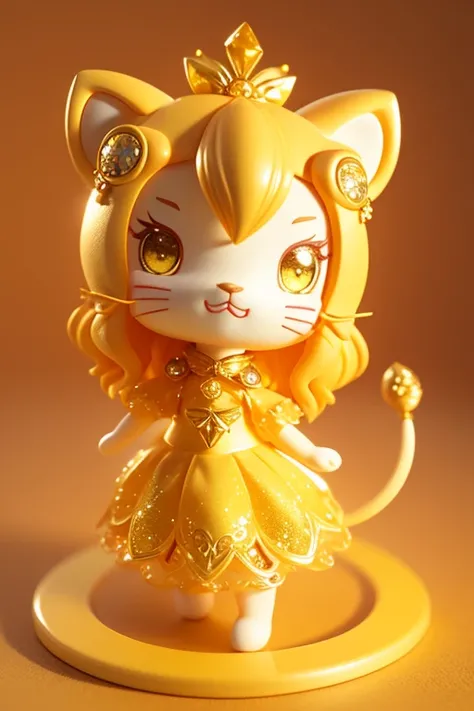 (Same character, front, side, back), (full body); 3d; cute; 3d toy art; toy art; anime style; glitter; horoscope sign Leo ; color yellow; Lion details; ♌ symbol; citrine stone;