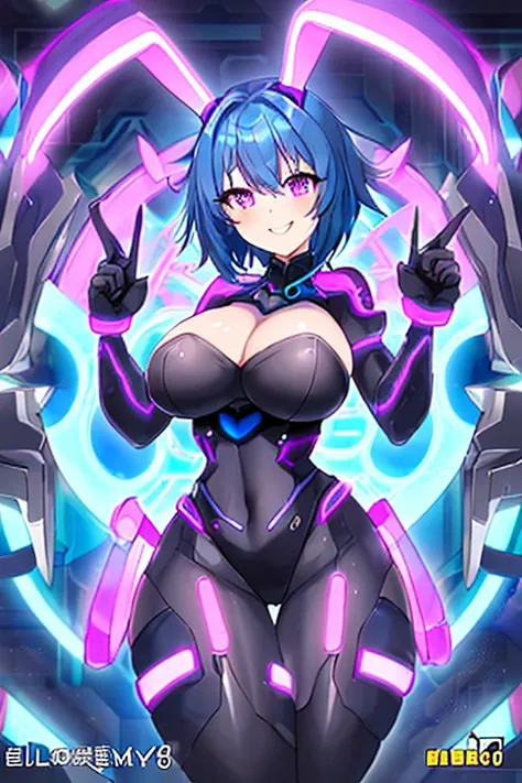 1girl, blue hair, large breasts, breasts, thick thighs, wide hips, purple eyes, bodysuit, black bodysuit, short hair, light smile, happy, very short hair, science-fiction, tech, futuristic, black pantyhose, neon, machinery, bunny ears, neon trim, anime sty...