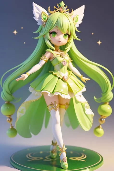 (Same character, front, side, back), (full body); 3d; cute; 3d toy art; toy art; anime style; glitter; horoscope sign Libra princess; color green; Balance details; ♎ symbol; peridot stone;