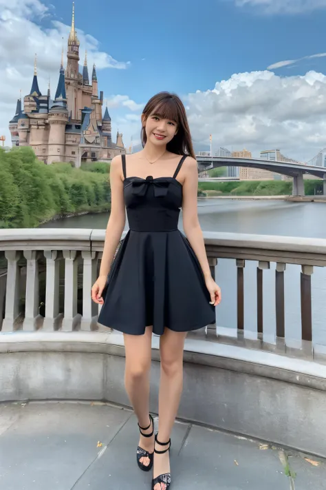 Ultra high-definition images,1girl in,Bangs,Black，skyporn,river bridge,building,castle,city,Cityscape,cloud,day,red satin dress,Smile and dress,look up to,fullbody image,bow ribbon,skyporn,Skyscraper,Solo,,Town,(masutepiece,,newest,Cute face and full body ...