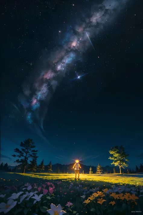 Vastas fotos de paisagem, (de baixo, the sky above, Abrir campos abaixo), a boy standing in a field of flowers looking up, (lua cheia: 1.2), (Meteoro: 0.9), (nebula: 1.3), montanhas distantes, Trees BREAK Making Art, (Fonte de Luz Quente: 1.2), (Pirilampo:...