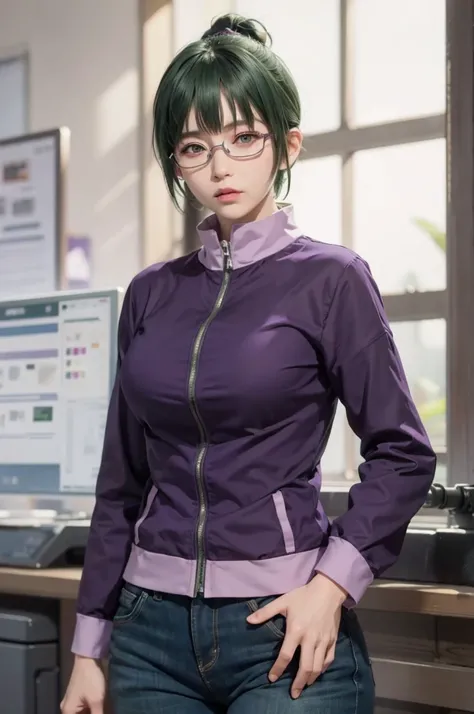 1girl, maki zenin in anime jujutsu kaisen, short hair , green hair, eyes,glasses,  beautiful eyes, beautiful, purple clothes, realistic clothes, detail clothes, city background, ultra detail, realistic