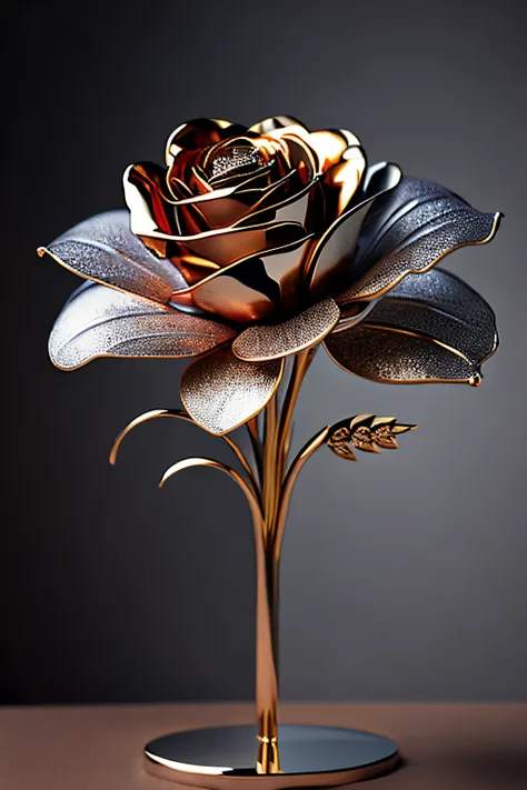 Artificial Metal Rose Bouquet， chrome plating, Meticulous and delicate depiction，Sharp，Gorgeous and dynamic painting techniques, Professional flare lighting，4K Ultra HD, 超高分辨率, (realistically: 1.4), Best quality，tmasterpiece