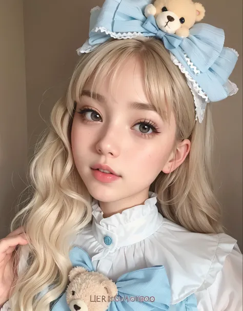 blonde girl with a blue bow and a teddy bear, kawaii retrato realista, menina kawaii bonito, bonito rosto de anime natural, portrait of magical lolita girl, linda Delphine, cabelos loiros e olhos grandes, estilo lolita, longos cabelos loiros e olhos grande...