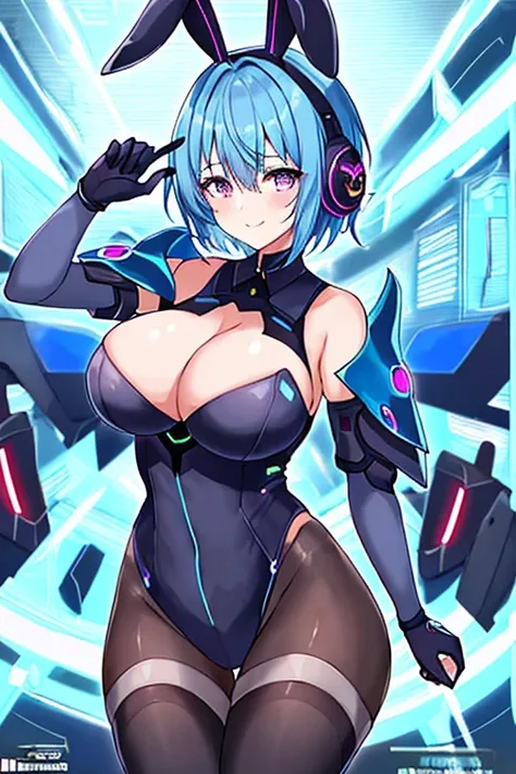 1girl, blue hair, large breasts, breasts, thick thighs, wide hips, purple eyes, bodysuit, black bodysuit, short hair, light smile, happy, very short hair, science-fiction, tech, futuristic, black pantyhose, neon, machinery, bunny ears, neon trim, anime sty...