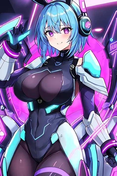 1girl, blue hair, large breasts, breasts, thick thighs, wide hips, purple eyes, bodysuit, black bodysuit, short hair, light smile, happy, very short hair, science-fiction, tech, futuristic, black pantyhose, neon, machinery, bunny ears, neon trim, anime sty...