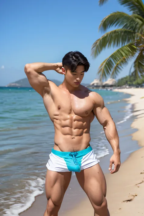 Masterpiece, Best Quality, Solo, Korean Men, Beach background, bodybuilder, Muscular body, big muscle, Natural eyes, Short and delicate hair, Sexy Man, looking up at viewer, Triangle Mens Swimwear, Large protrusions, Erection, Muscular posture