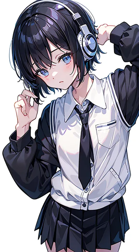 (Top quality illustrations:1.3)、(Cute little girl s:1.0)、(女の子1人:1.0)、(Short black hair:1.0)、(School Uniforms:1.0)、(ultra-detailliert) 、(White background:1.5)、17 age、Wearing headphones、D-cups、