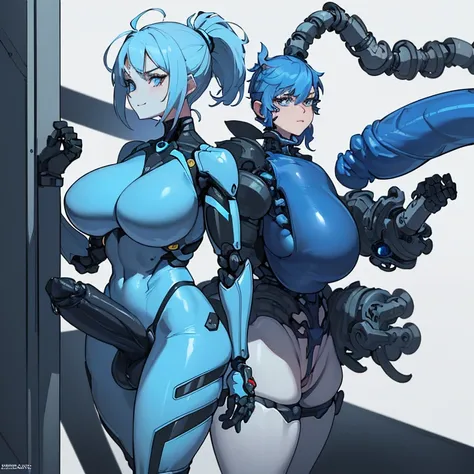 ((1 cyborg woman)),((huge breasts,naked pussy,naked breasts,biomechanical breasts)),((urethral insertion)),((short light blue hair with ponytail,blue eyes)),((in standing with giant blue rubber penis in the anus)), futoristic room, ((facing the spectator))...