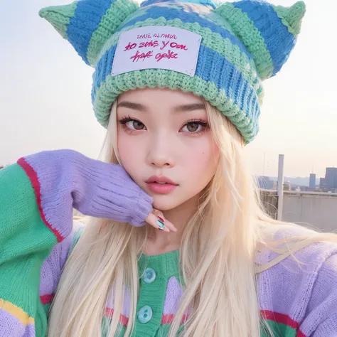 A closeup of a person wearing a hat and sweater, Cl, linda Delphine, muito bonita gatinha fofa, Parque Roseanne do Blackpink, Ulzzang, Kemonomimi, menina com orelhas de gato, Sakimichan, cute colorful adorable, kawaii aesthetic, menina gato atraente, ava m...