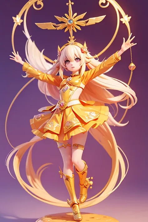 (Same character, front, side, back), (full body); 3d; cute; 3d toy art; toy art; anime style; glitter; horoscope sign Sagittarius ; color orange; Archer details; ♐ symbol; padparadscha stone;