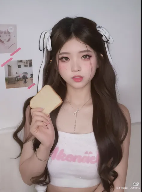 araffe girl with long hair holding a piece of bread, ulzzang, anime girl in real life, emo girl eating pancakes, popular south korean makeup, white hime cut hairstyle, belle delphine, popular korean makeup, with long hair, kawaii realistic portrait, guweiz...