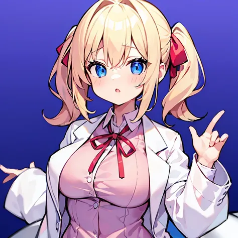 1girl, solo, pink shirt, blue_eyes, labcoat, white labcoat, large breasts, short twintails, blue_skirt, low_twintails, blonde_hair, hair_over_shoulder, bandaid, red ribbon, upper body