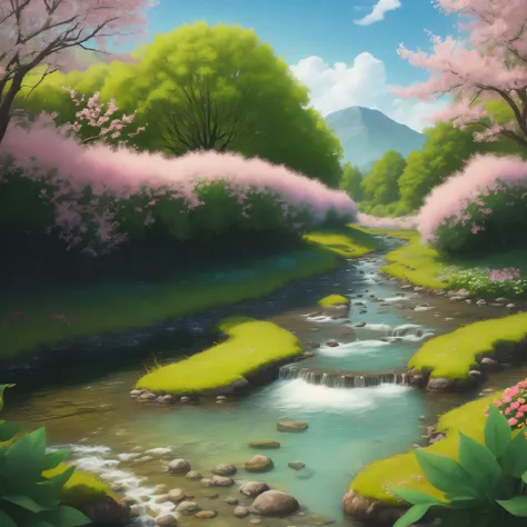 A landscape with a stream with clear water and flowers in full bloom