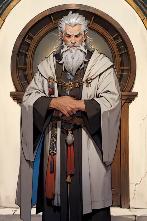 a 60-year-old wizard, tanned skin, gray hair, gray beard