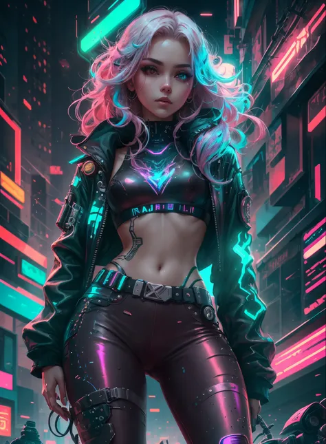 "Visualiza a una mujer de cabello blanco con un top rojo y pantalones azules, surcando las calles en una moto vibrante, todo en un estilo cyberpunk, captured in stunning 8K resolution. Inspired by the artistic prowess of Ross Tran, This portrait fuses futu...