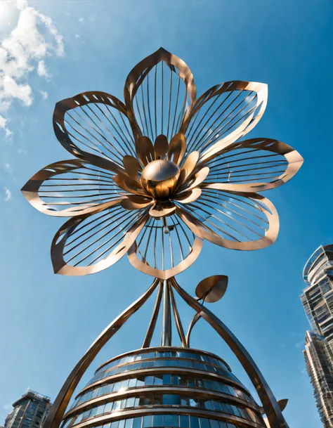 (low angle shot:1.3), ((towering structure in the shape of a metallic flower)) as the focal point, futuristic