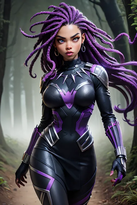 Female Black Panther (((classic Black Panther black and silver outfit with glowing purple lines from comics))), ((Vibranium claws)), dark-skinned girl (((african descent))), long afro hair ((dreadlocks)), slim toned muscles, wide waist up Portrait, angry f...