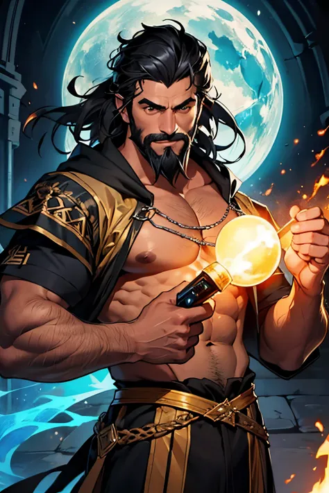 a 56 year old wizard, tanned skin, black hair, black beard, new body, athletic body