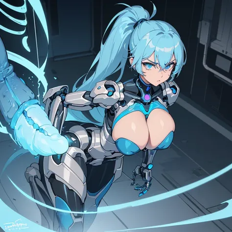 ((1 cyborg woman)),((huge breasts,biomechanical breasts)),((completely naked)),((urethral insertion)),((short light blue hair with ponytail,blue eyes)),(( with giant blue rubber penis in the anus)),((walking in a gray futoristic room)),