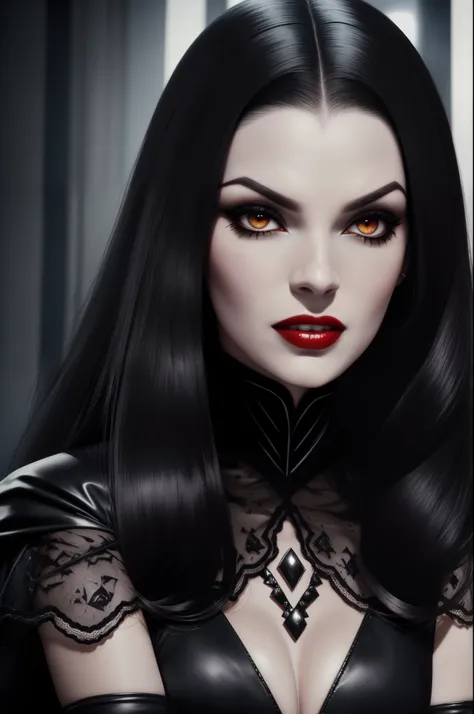 (Mulher vampira:1.2, pele branca, cabelos negros e curtos, sobretudo de preto estilo Matrix, batom branco, boca aberta, dentes caninos alongados, dentes de vampiro, rosto de Simone Simons)