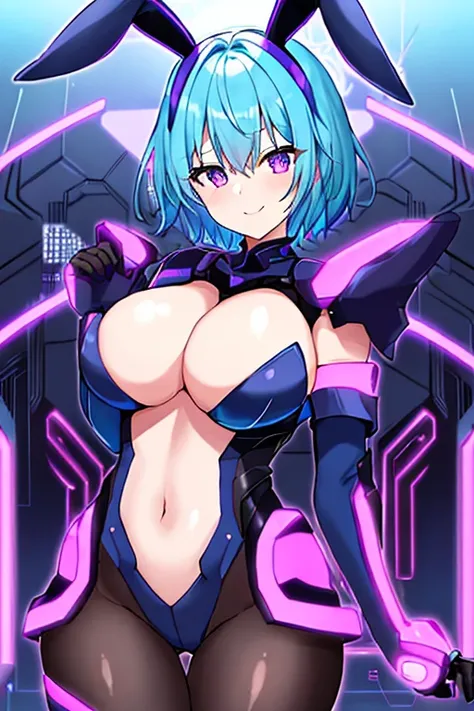 1girl, blue hair, large breasts, breasts, thick thighs, wide hips, purple eyes, bodysuit, black bodysuit, short hair, light smile, happy, very short hair, science-fiction, tech, futuristic, black pantyhose, neon, machinery, bunny ears, neon trim, anime sty...