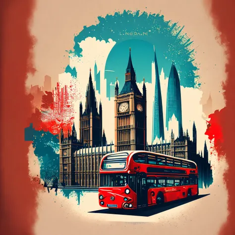 london cityscape, london bus, london parliament building, big ben, t-shirt design, vector-art