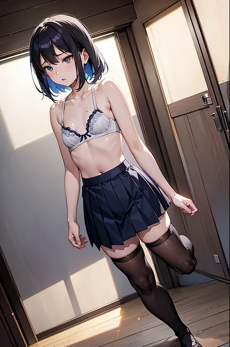 masutepiece,Best Quality,超A high resolution, 8K,Professional Lighting, Photon mapping, Teleportion, analogue,  handdraw,  Anime Face,  NSFW,  1 little girl,  Solo, (seminude:1.2),Looking away, navy pleats skirt,  White socks, Locker Room,(flat chest:1.2)、b...