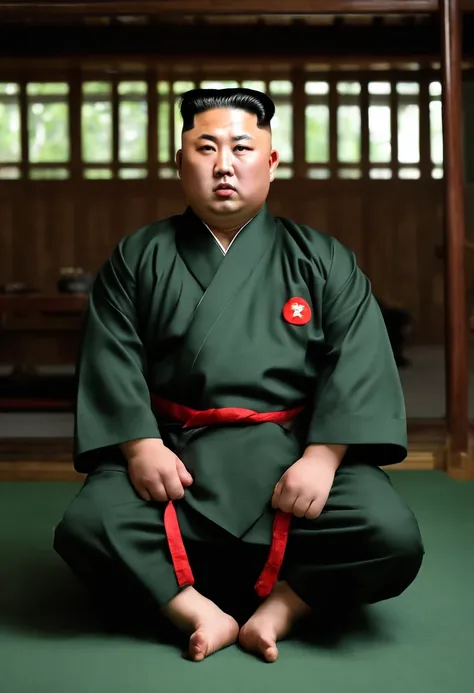 A photo of Kim Jong-un at a traditional Korean martial arts dojo,original,Kim Jong-un, the North Korean leader, is known for his distinctive appearance: a round face, a distinctive haircut with shaved sides and longer hair on top, and a stocky build. He is...