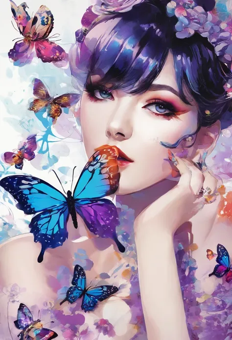 Butterfly motif、Purple and blue tones、Vibrant colors、((​masterpiece)))、(((top-quality)))、((ultra-detailliert))、(A hyper-realistic)、(highly detailed CGillustration）、From the right side、Official art、Milan at the beginning of the 20th century、Decadent、Madame ...