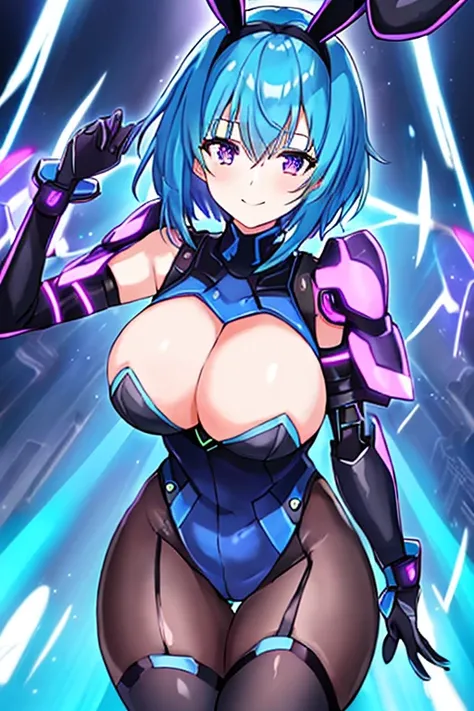 1girl, blue hair, large breasts, breasts, thick thighs, wide hips, purple eyes, bodysuit, black bodysuit, short hair, light smile, happy, very short hair, science-fiction, tech, futuristic, black pantyhose, neon, machinery, bunny ears, neon trim, anime sty...