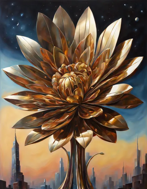 (cartoon painting:1.3), (low angle shot:1.3), ((towering structure in the shape of a metallic flower)) as the focal point, ((cosmic)), shiny metallic, romantic