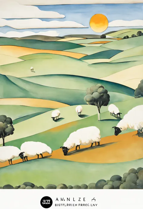 brett whiteley style of a colorful illustration of the australian countryside, with rolling hills, green pastures, and grazing s...