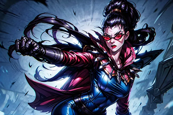 (masterpiece), best quality, expressive eyes, perfect face, vayne, 1girl, solo, long hair, black hair, gloves, ponytail, cape, s...