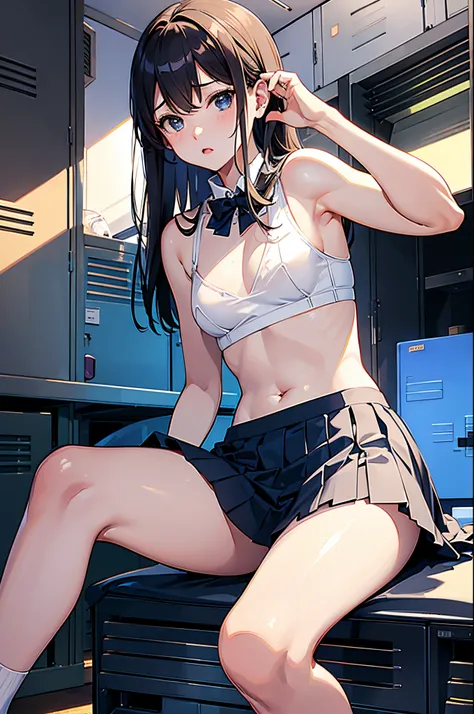 masutepiece,Best Quality,超A high resolution, 8K,Professional Lighting, Photon mapping, Teleportion, analogue,  handdraw,  Anime Face,  NSFW,  4 girls,   (seminude:1.2),Looking away, navy pleats skirt,  White socks, ((Locker Room:1.5))、(flat chest:1.2)、bra ...