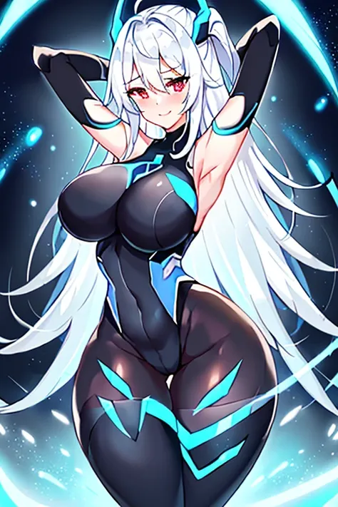 1girl, white hair, large breasts, breasts, thick thighs, wide hips, red eyes, bodysuit, black bodysuit, pantyhose, long hair, light smile, happy, science-fiction, tech, futuristic, black pantyhose, thighhighs, neon, machinery, hair ornament, ornament, neon...