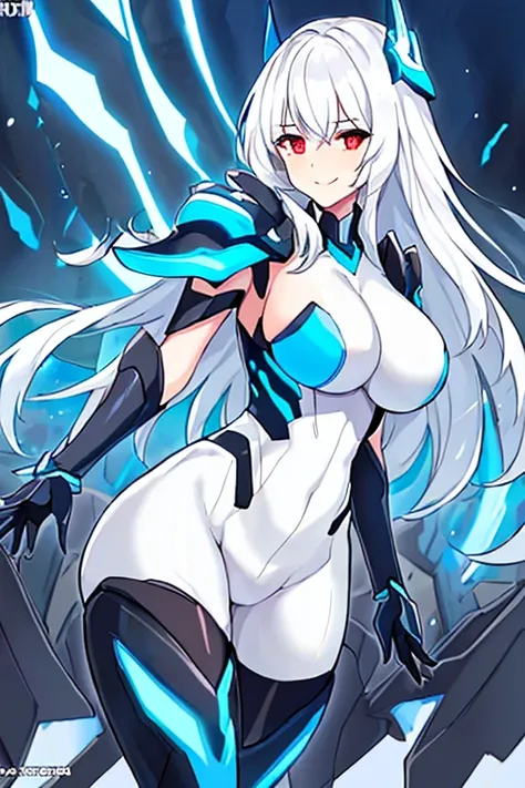 1girl, white hair, large breasts, breasts, thick thighs, wide hips, red eyes, bodysuit, black bodysuit, pantyhose, long hair, light smile, happy, science-fiction, tech, futuristic, black pantyhose, thighhighs, neon, machinery, hair ornament, ornament, neon...