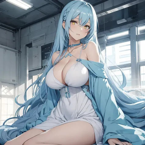 Anime, female, light blue hairs, yellow eyes, long hair, massive boobs, short dress, thigh, bare shoulder, collarbone, sitting, looking at viewer, in building, white dress