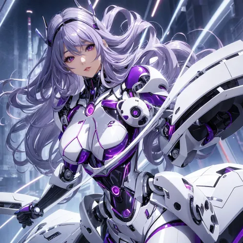 robot woman, Miss SM,.The model is a Japanese woman in her 30s.。.。.。., Long wavy black hair with purple mesh color, Silver metallic robot body, Spherical joints, Mechanical High Heel, Machine ears,.Robotic eyes,.Have a whip., Beautuful Women, Beautiful And...