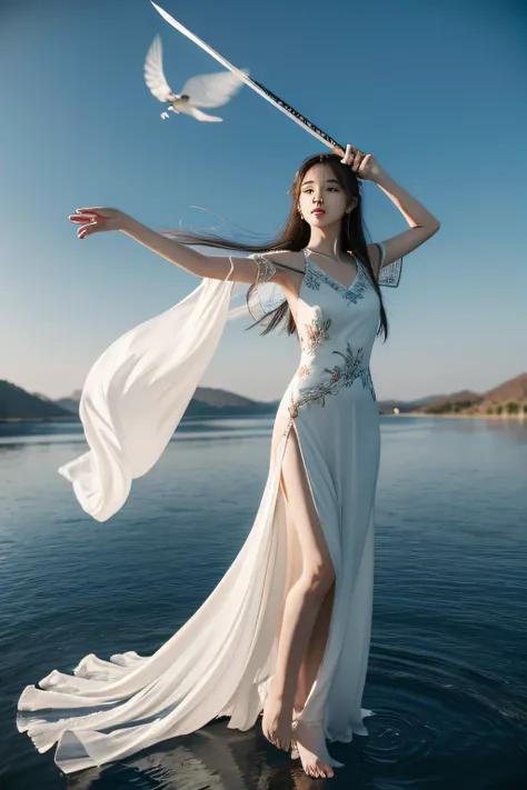 pond side，Chinese beauty with flying long hair，White gauze dress，Flowing hair，flying dress，Flying action，Holding a precious sword，refined，3D